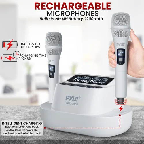 Miniatura 4 de Pyle Sistema de micrófono inalámbrico UHF - Receptor Bluetooth con 2 micrófonos de mano recargables, baterías de 1200 mAh, sonido claro