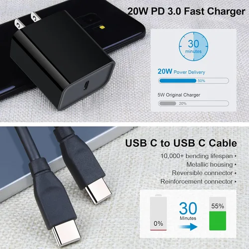 Miniatura 2 de Cargador de pared USB C, cable de carga rápida PD de 20 W para Samsung Galaxy S25 S24 S23 S22 S21 S20 FE A16 A15 5G A14 A21, Google Pixel 10 9 Pro
