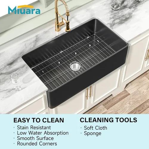 Miniatura 52 de Miuara Fregadero de Granja Negro de 33 Pulgadas - Fregadero de Cocina Grande de Frente con Delantal Tazón Individual 33"x18"x10", Instalación Bajo