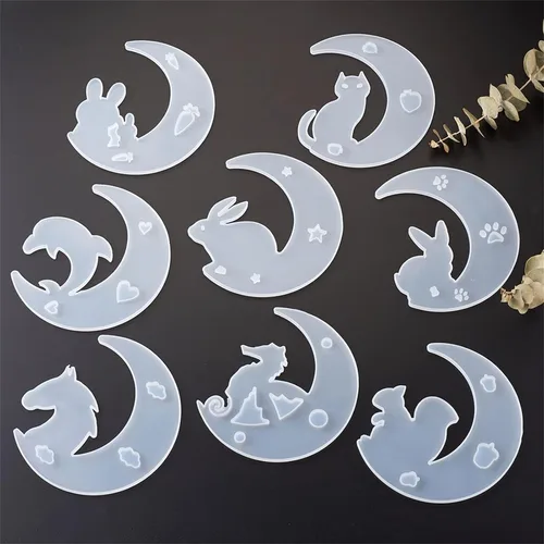 Miniatura 2 de Craftdady 8 moldes de silicona de luna creciente para animales, conejo, delfín, gato, ardilla, caballo, caballito de mar, moldes de fundición