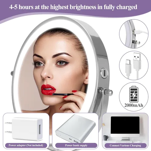 Miniatura 5 de 8" Makeup Mirror with Lights, 1X/10X Lighted Vanity Mirror with Magnification, 3 Color Adjustable Brightness, 360° Rotating Dual-Side, USB