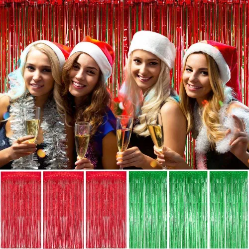 Miniatura 5 de Paquete de 6 cortinas de flecos de aluminio, decoración de fiesta de Navidad, cortinas brillantes metálicas rojas y verdes, 3.28 x 8.2 pies