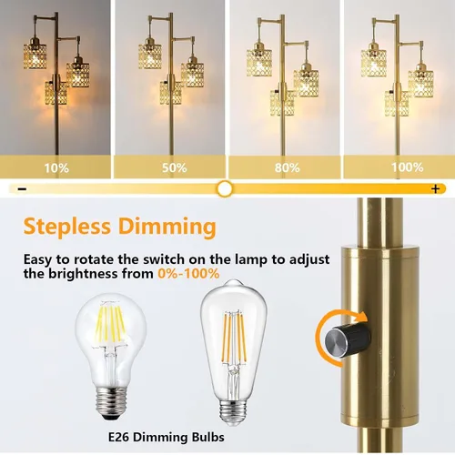 Miniatura 4 de Lámpara de pie industrial, lámpara de pie regulable, lámpara de árbol dorado, lámpara de pie con 3 elegantes pantallas de cristal para sala