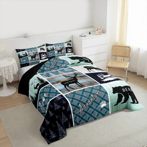 Miniatura 6 de Juego de edredón de oso y ciervo, tamaño individual, ropa de cama de animales salvajes de caza, colcha rústica de cabaña, casa de campo, cuadros