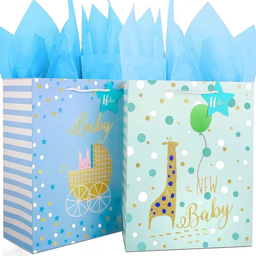 Bolsa de regalo para bebé, bolsas de regalo grandes de 12.6 pulgadas con papel de seda, bolsa de regalo para baby shower con diseño de lámina