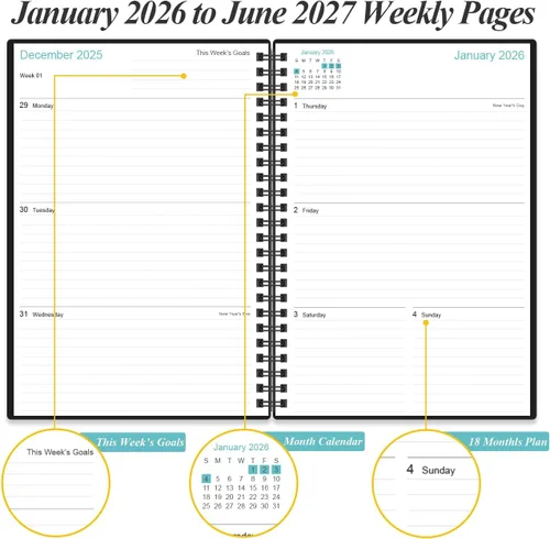 Miniatura 4 de Agenda 2026-2027 – Agenda semanal y mensual de 18 meses de enero de 2026 a junio de 2027, planificadores en espiral 2026-2027 con cierre elástico