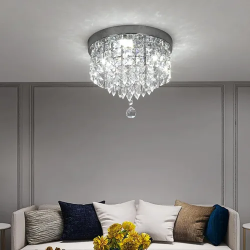 Miniatura 6 de Deckrico Candelabro de cristal moderno LED para techo, montaje empotrado, de acero inoxidable, pantalla de luz con cuentas para dormitorio, comedor
