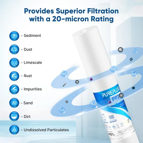 Miniatura 5 de PUREPLUS Filtro de agua para toda la casa de sedimentos de 20 micrones, 20 x 2.5 pulgadas, prefiltración de sedimentos de 20 pulgadas, cartucho