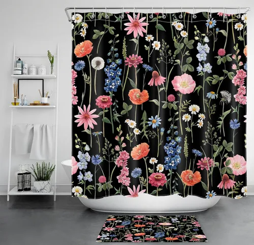 Miniatura 43 de LB Juego de cortinas de ducha de mariposa y flores con alfombras, margaritas y morado lavanda, hojas de eucalipto, cortina de ducha verde