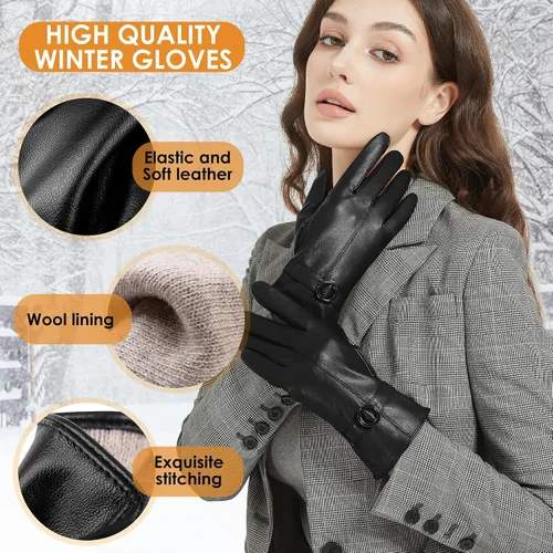Miniatura 2 de Guantes de cuero de invierno para mujer, con pantalla táctil, guantes cálidos de piel de cordero