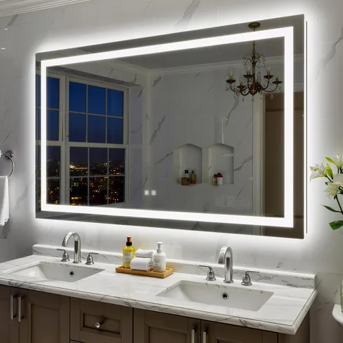 Miniatura 45 de Espejo de baño LED de 24 x 32 pulgadas con luces, espejo de tocador de baño con marco negro con luz frontal + retroiluminación para pared, vidrio