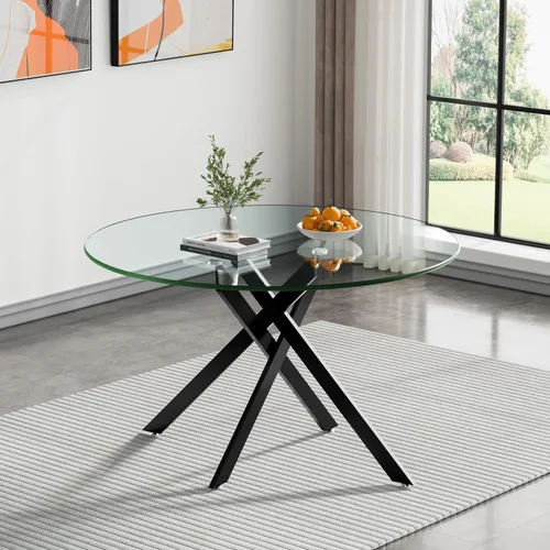 Miniatura 12 de Mesa de comedor redonda de 36 pulgadas para 4, mesa de comedor contemporánea de vidrio templado, mesa de comedor pequeña con base de metal de cruz