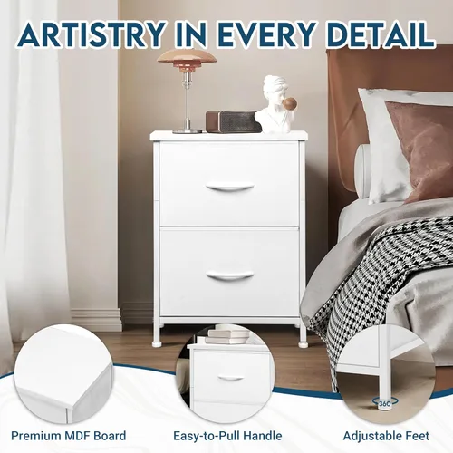 Miniatura 4 de LOFTEY Mesita de noche blanca, mesita de noche con 2 cajones de tela, mesita de noche para niños pequeños para dormitorio, mesa auxiliar de cama