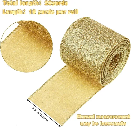 Miniatura 2 de 2 rollos de cinta de Navidad de 20 yardas con purpurina metálica con borde de alambre, cintas decorativas de tela para envolver fiestas, decoración