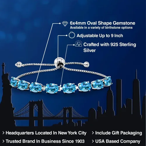 Miniatura 214 de Gem Stone King Pulsera de plata de ley 925 con piedra natal ovalada de 0.276 x 0.197 in para mujer, totalmente ajustable hasta 9 pulgadas