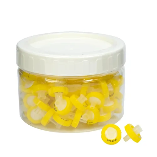 filtros de jeringa, filtración hidrofílica de nailon, 0,22 um micrón, tamaño de poro, 0.512 in, diámetro de membrana, disco de membrana de nailon de
