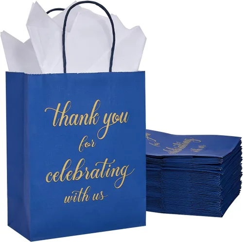 Miniatura 6 de DjinnGlory Paquete de 50 bolsas de regalo de papel de bienvenida de tamaño mediano color azul marino de 10 x 8 x 4 pulgadas, bolsas