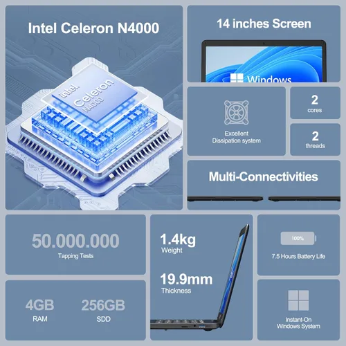 Miniatura 2 de Itel Celeron N4000 - Computadora portátil de 14 pulgadas (doble núcleo), gráficos UHD 600, 4 GB de RAM 256 GB SSD, pantalla HD de 14 pulgadas, ultra