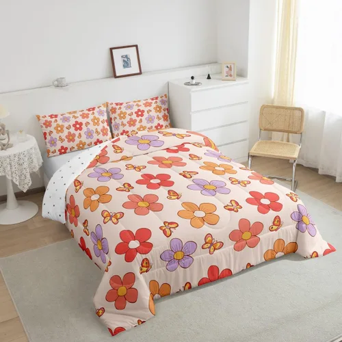 Miniatura 4 de Groovy - Juego de ropa de cama de flores tamaño individual, color morado y rosa, para niñas, bonito edredón de mariposa, color naranja y rojo
