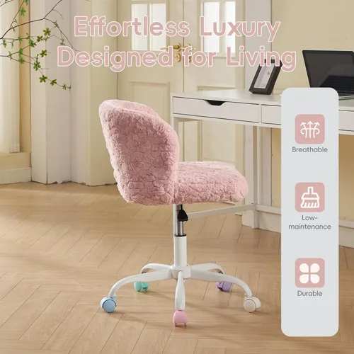 Miniatura 6 de Silla de escritorio de piel sintética con base de metal blanco, silla de oficina giratoria ajustable con ruedas, cómoda silla de maquillaje