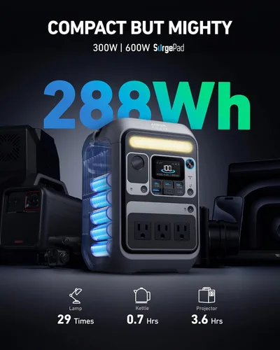 Miniatura 2 de Anker Estación de energía portátil SOLIX C300, batería LiFePO4 de 288 Wh, generador solar de 300 W (pico de 600 W), carga rápida bidireccional