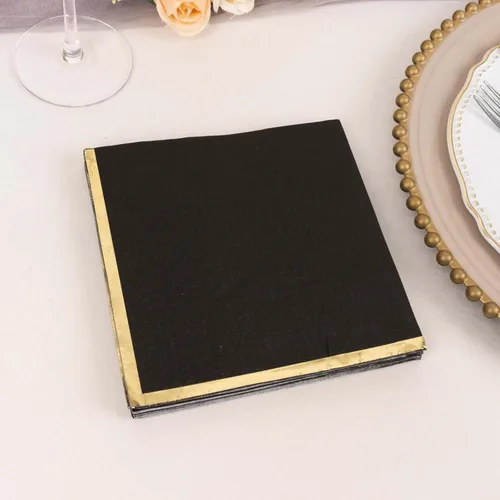 Efavormart - Paquete de 50 servilletas de papel para fiestas, 2 capas, color negro suave con borde de lámina dorada, servilletas de cóctel para cenas