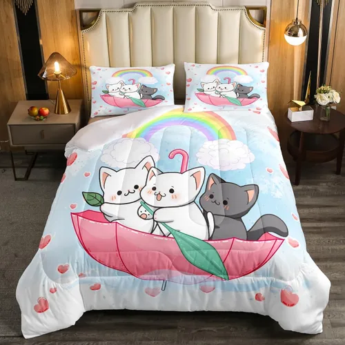 Miniatura 27 de Feelyou Juego de edredón para niños, diseño de gatos de dibujos animados, tamaño twin, lindo juego de ropa de cama de gatitos para adolescentes