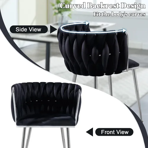 Miniatura 4 de Juego de 2 sillas de comedor de terciopelo, sillas laterales tapizadas tejidas con patas de metal negro, sillas decorativas modernas, sillas
