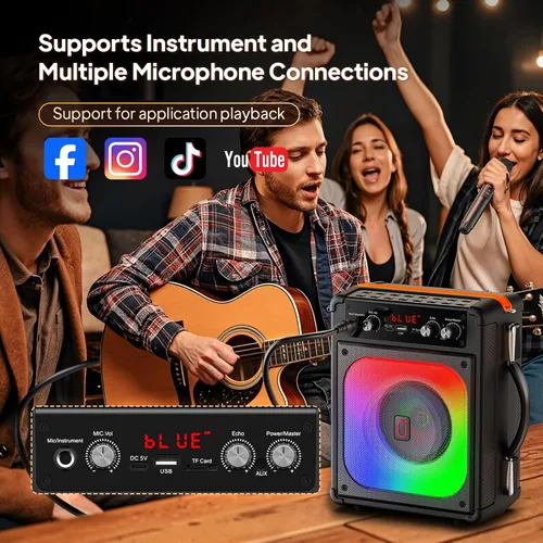 Miniatura 9 de HWWR Máquina de karaoke, altavoz Bluetooth portátil con 2 micrófonos inalámbricos para adultos y niños, máquina de cantar para fiestas y reuniones