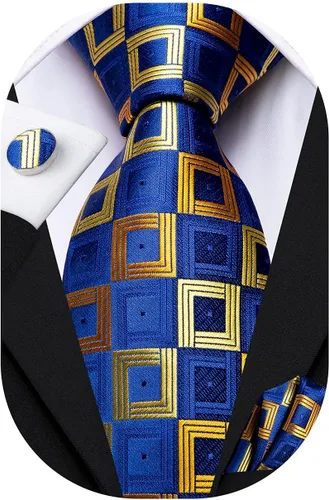 Miniatura 283 de Hi-Tie Corbata clásica de cachemira para hombre con pañuelo y gemelos a cuadros