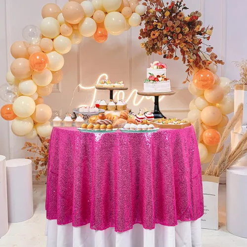 Miniatura 9 de ShinyBeauty Mantel de lentejuelas rosa intenso, superposición redonda brillante de 120 pulgadas para decoración de bodas, fiestas de cumpleaños