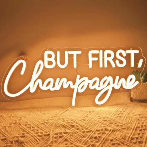 Miniatura 7 de SYLHOME Letrero de luz LED de neón con texto en inglés «But First Champagne» para el hogar, bar, cocina, hombre, cueva, pub, decoración de boda