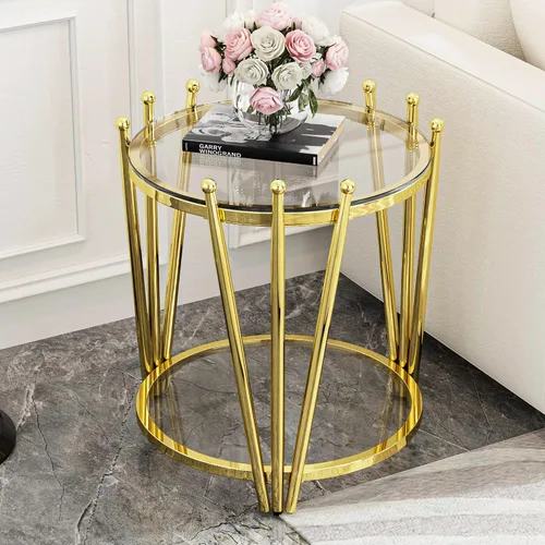 Miniatura 3 de Mesa auxiliar redonda de vidrio dorado de 19.7 pulgadas para sala de estar, diseño moderno de corona de lujo, patas de acero inoxidable con diseño