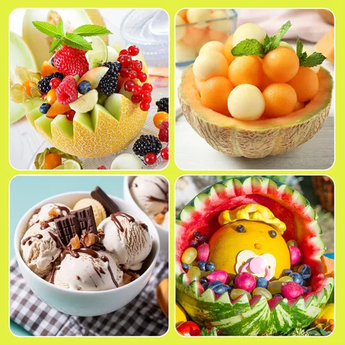 Miniatura 6 de Patelai Juego de 2 cucharas de melón Baller 4 en 1, cortadores de frutas de acero inoxidable, cuchara de sandía de doble punta y bola de helado