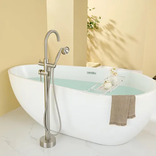 Miniatura 9 de Wowkk Llave de tina independiente Llave de tina de níquel cepillado montado en el piso Llaves de tina de latón para baño con ducha de mano