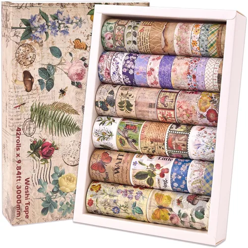 Juego de 42 rollos de cintas washi vintage, letras florales, mariposas, hongos, flores botánicas, cintas decorativas para álbumes de recortes,