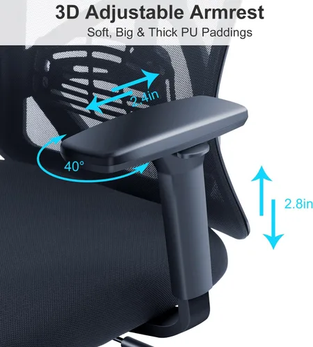 Miniatura 7 de Ticova Silla de oficina ergonómica – Silla de escritorio con respaldo alto con soporte lumbar ajustable, reposacabezas y reposabrazos 3D – Silla