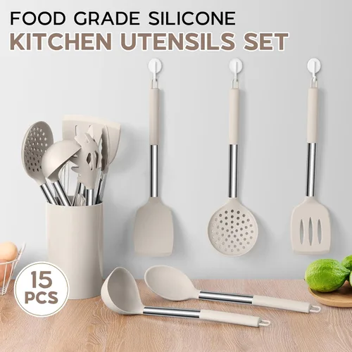 Miniatura 5 de Onader Juego de 15 utensilios de cocina de silicona, juego de utensilios de cocina con soporte para utensilios de cocina antiadherentes, mango