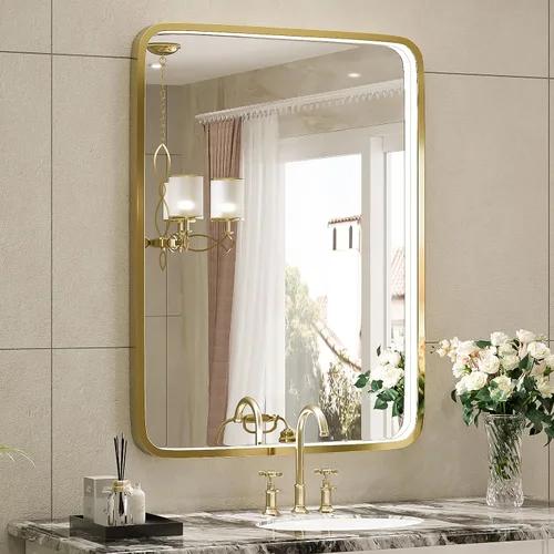 Miniatura 25 de Espejo de baño LED de 20 x 28 pulgadas con luces, marco de metal negro, espejo de tocador iluminado para pared, espejo LED regulable de 3000 K/4500