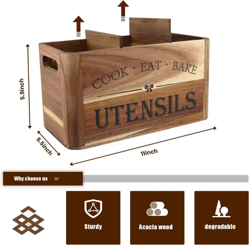 Miniatura 2 de Soporte para utensilios para encimera de cocina, organizador de madera extra grande de 3 compartimentos en madera de acacia, almacenamiento