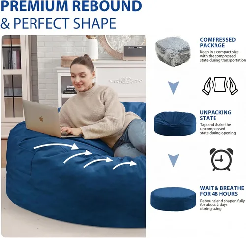Miniatura 137 de Puf de 5 pies, puf grande con relleno de espuma viscoelástica, sofá puff esponjoso con funda de terciopelo holandés, puf redondo para sala de estar