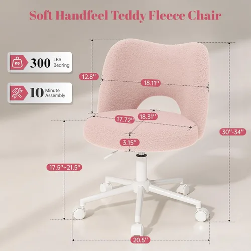 Miniatura 2 de DurayLoly Silla de Tocador con Ruedas Rosa, Linda Silla de Tocador con Respaldo, Silla de Escritorio Ultra-Suave de Felpa, Silla de Oficina Pequeña