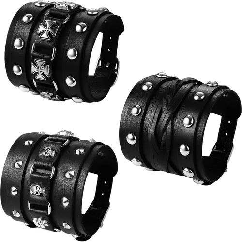 Miniatura 6 de OIDEA Assorted 3pcs Mens Punk Multistrand Leather Braided Bangle Cuff Bracelet for Biker Dad Father Size Adjustable