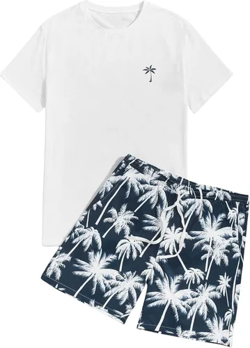 Miniatura 15 de GORGLITTER Conjunto de 2 piezas de camiseta gráfica de manga corta para hombre, estampado hawaiano con cordón y pantalones cortos
