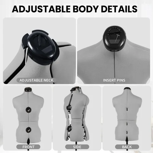 Miniatura 4 de maniquí ajustable con forma de vestido para costura, talla 6-14 para mujer, gris, con 13 diales y ruedas desmontables, modelo de cuerpo