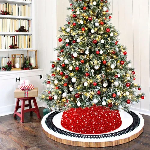 Miniatura 7 de FANPROMS Collares de Árbol de Navidad para Árboles Artificiales Base de 23.6 Pulgadas de Diámetro Falda de Árbol de Lentejuelas Rojas Moderno Anillo
