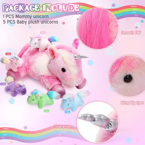 Miniatura 3 de Sumind Peluche de unicornio arcoíris para mamá con 5 lindos unicornios en su barriga para mamá, año de Navidad, regalos de cumpleaños