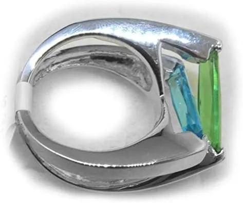 Miniatura 3 de Anillo moderno de plata esterlina cruzada flotante de helenita azul y verde R98S 4.0 ct
