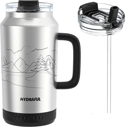 Miniatura 10 de Hydraful Vaso de 64 onzas con asa y pajilla, 100% a prueba de fugas, vaso aislado reutilizable, botella de agua grande de acero inoxidable, taza