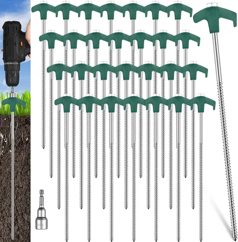 Miniatura 10 de Hicarer 20 piezas 30 cm Estacas de tienda de enroscar para acampar, estacas de metal resistentes con punta roscada y cabeza hexagonal para acampar